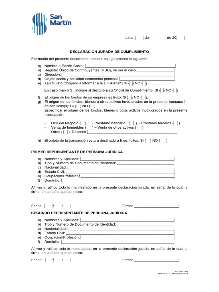 Declaración Jurada de Cumplimiento | PDF | Finanzas y dinero | Derecho