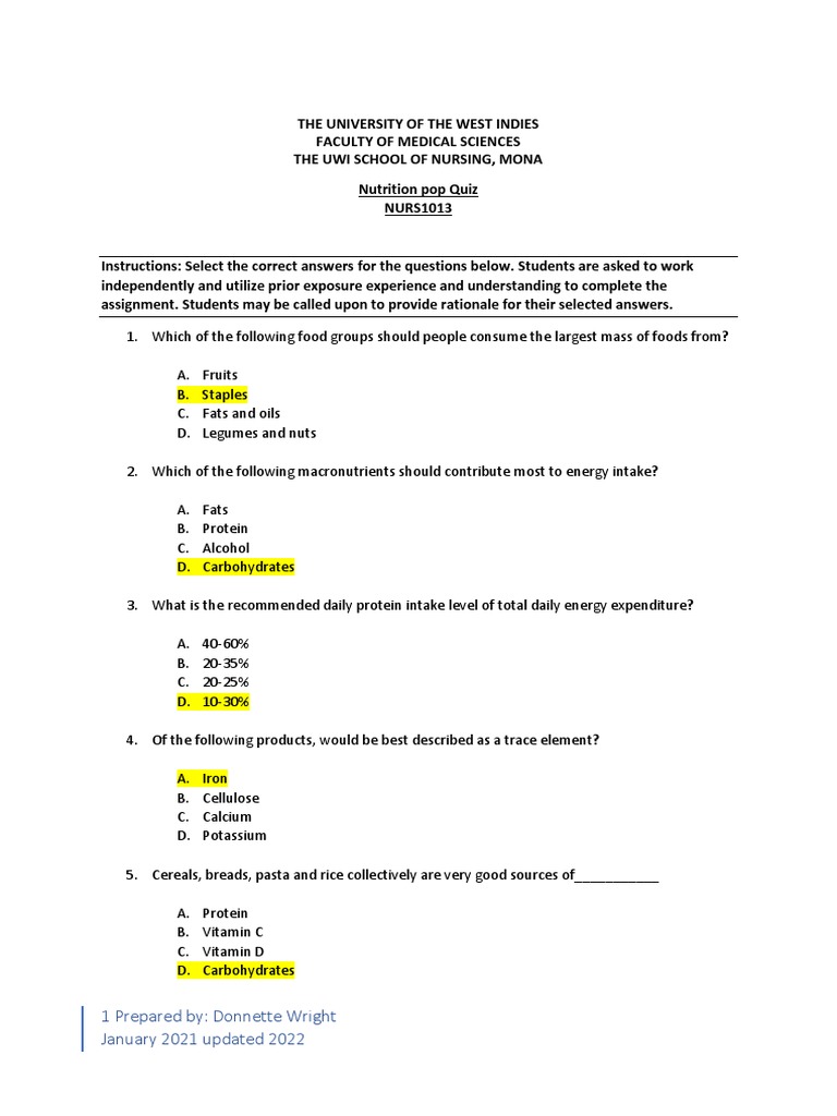 Nutrition Pop Quiz 2021 Key PDF Nutrients Vitamin