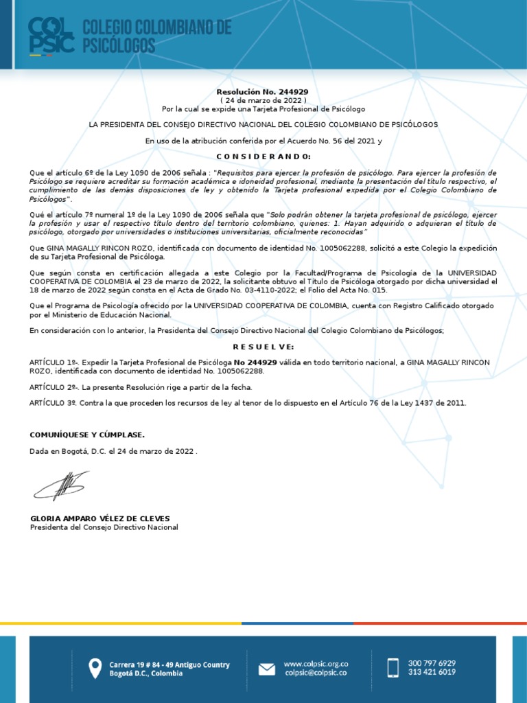 Expedición de Tarjeta Profesional Psicóloga | PDF | Psicólogo | Colombia