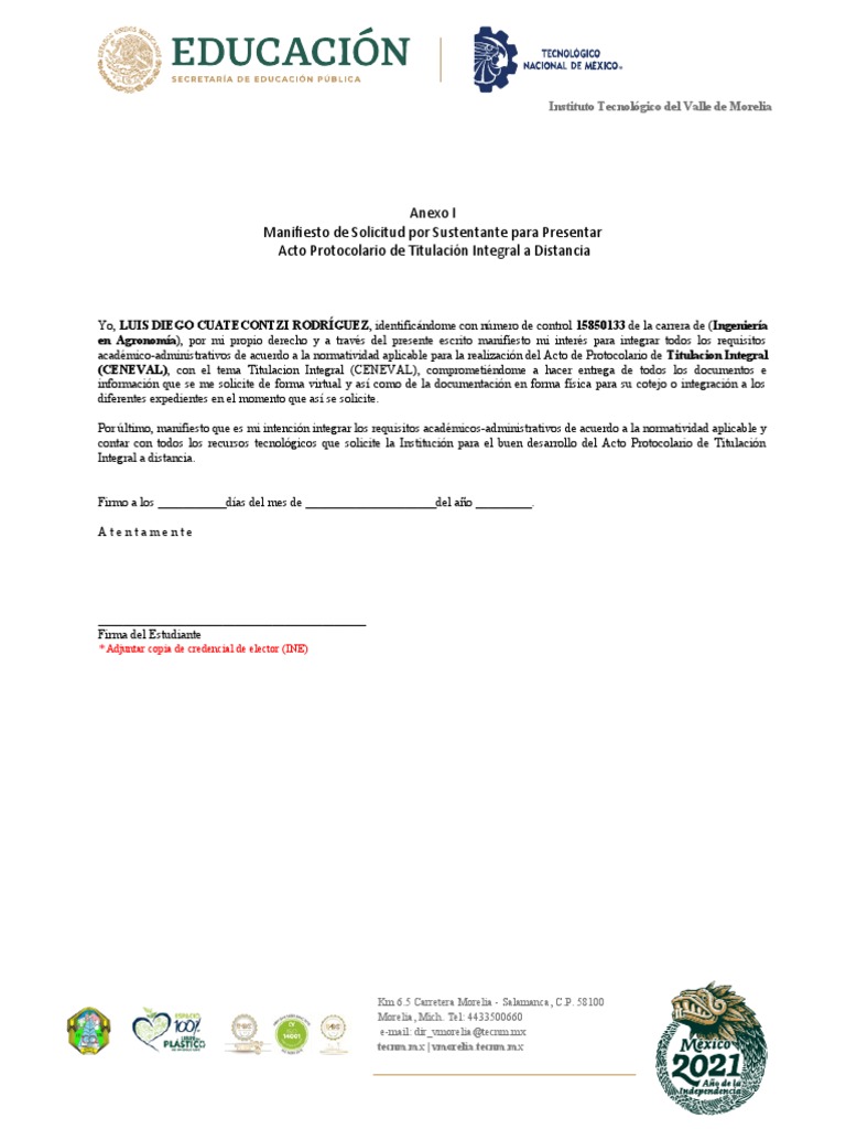 Anexo I Manifiesto de Solicitud Por Sustentante para Presentar Acto