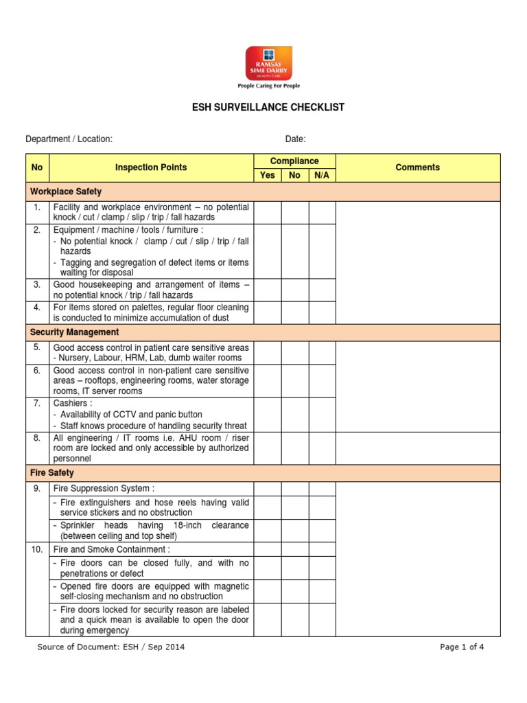 ESH Surveillance Checklist PDF Emergency Evacuation Emergency