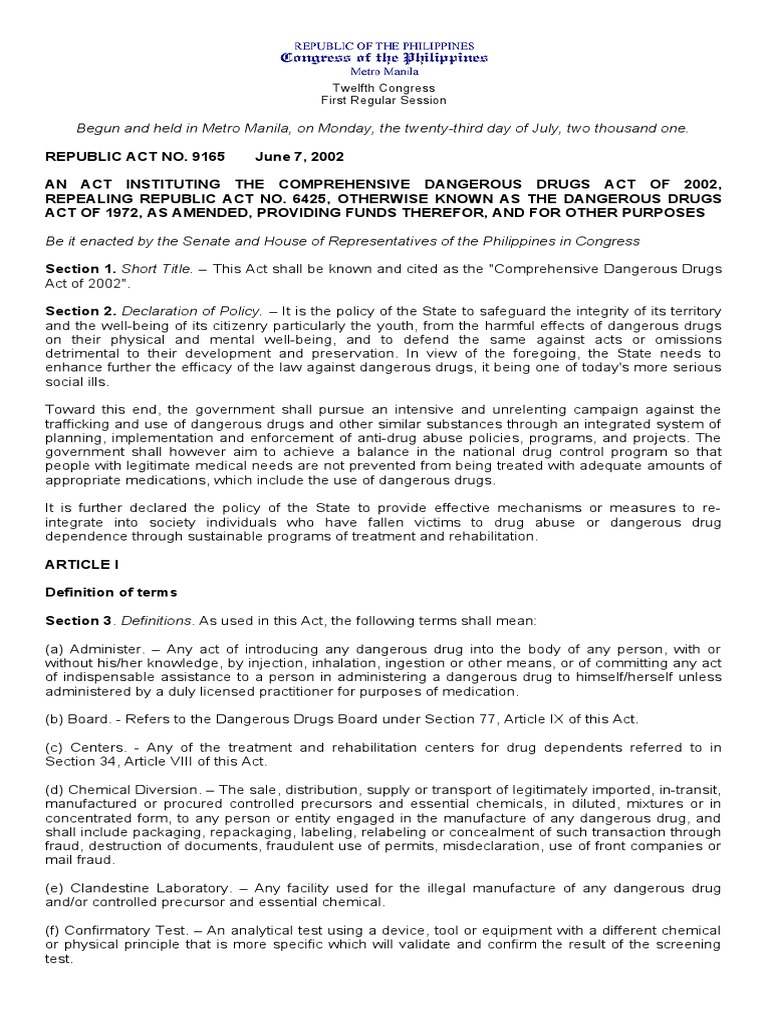 Comprehensive Dangerous Drugs Act 2002 | PDF | Psychoactive Drugs | Opium