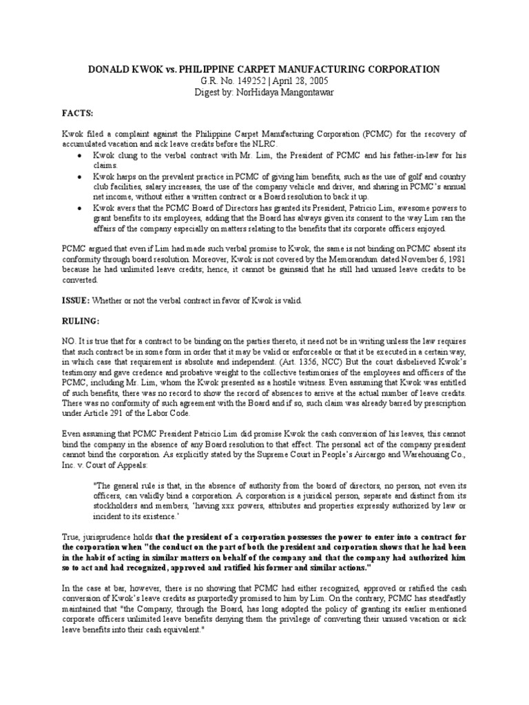 11 KWOK v. PHILIPPINE CARPET MANUFACTURING Mangontawar PDF
