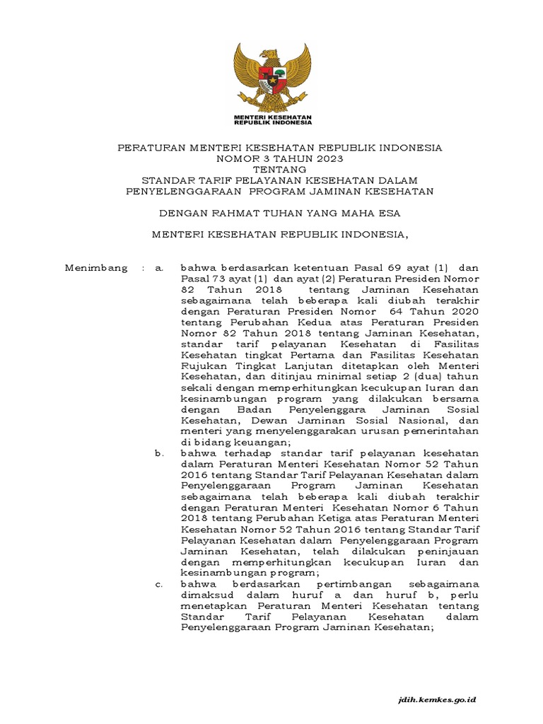 2023 Permenkes No 3 Standar - Tarif - Pelayanan - Kesehatan | PDF