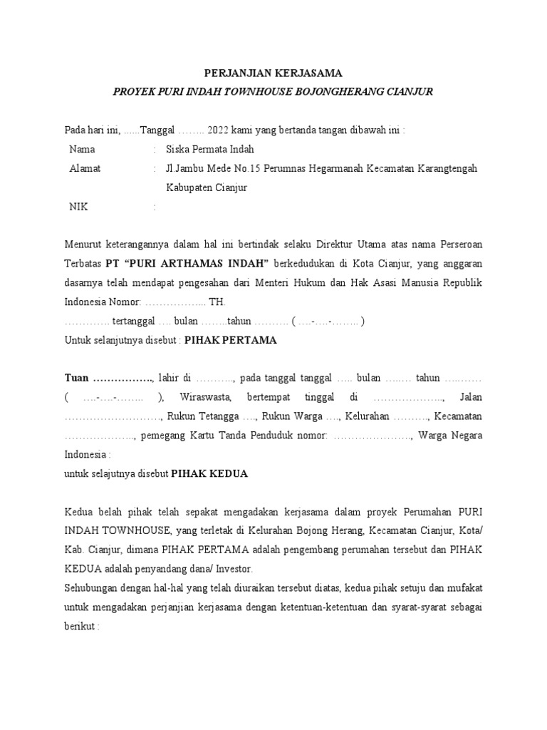 Perjanjian Kerjasama Investasi Proyek | PDF