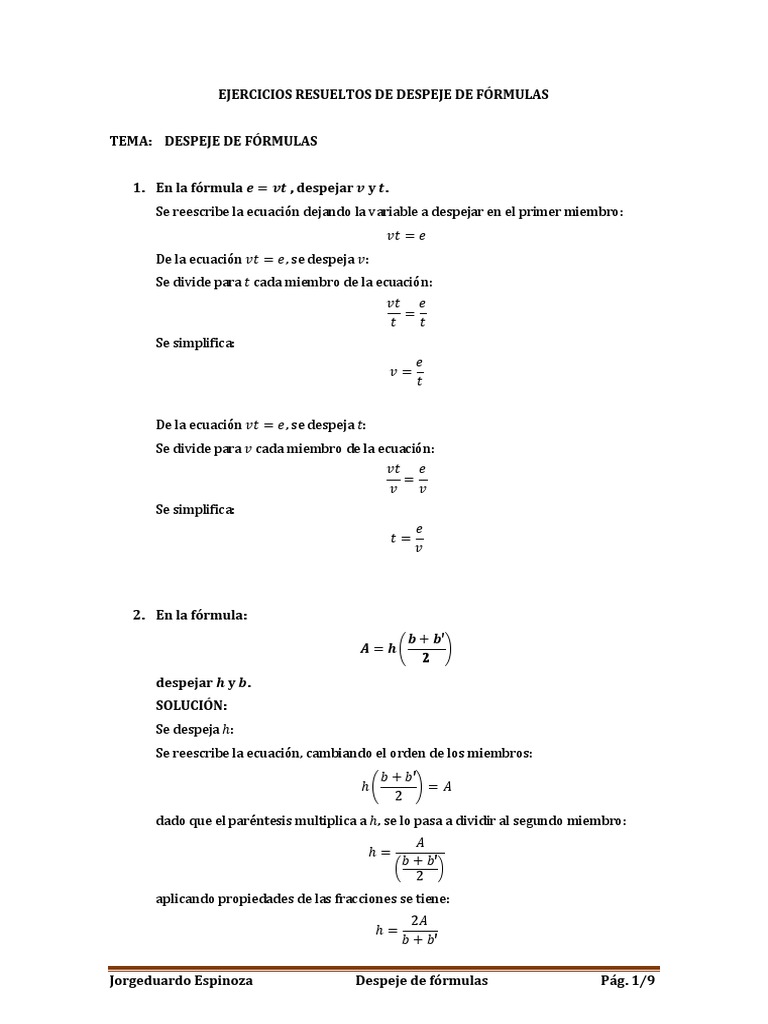 Despeje de Fórmulas PDF Ecuaciones Raíz cuadrada