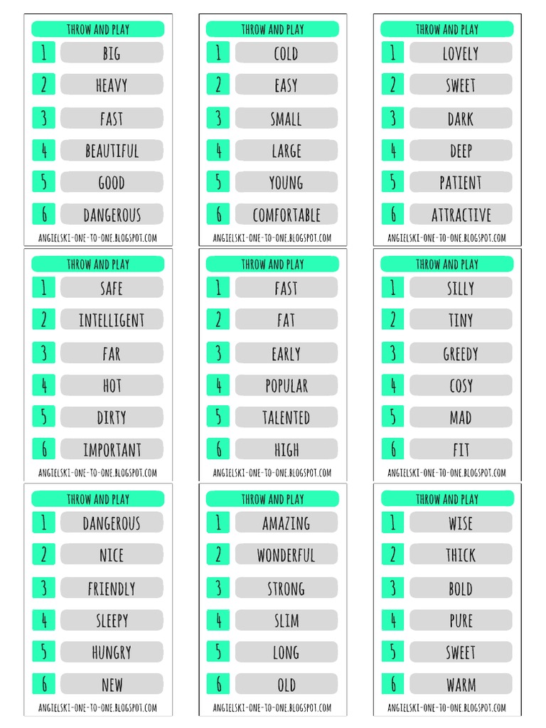 Throw and Play Adjectives PDF