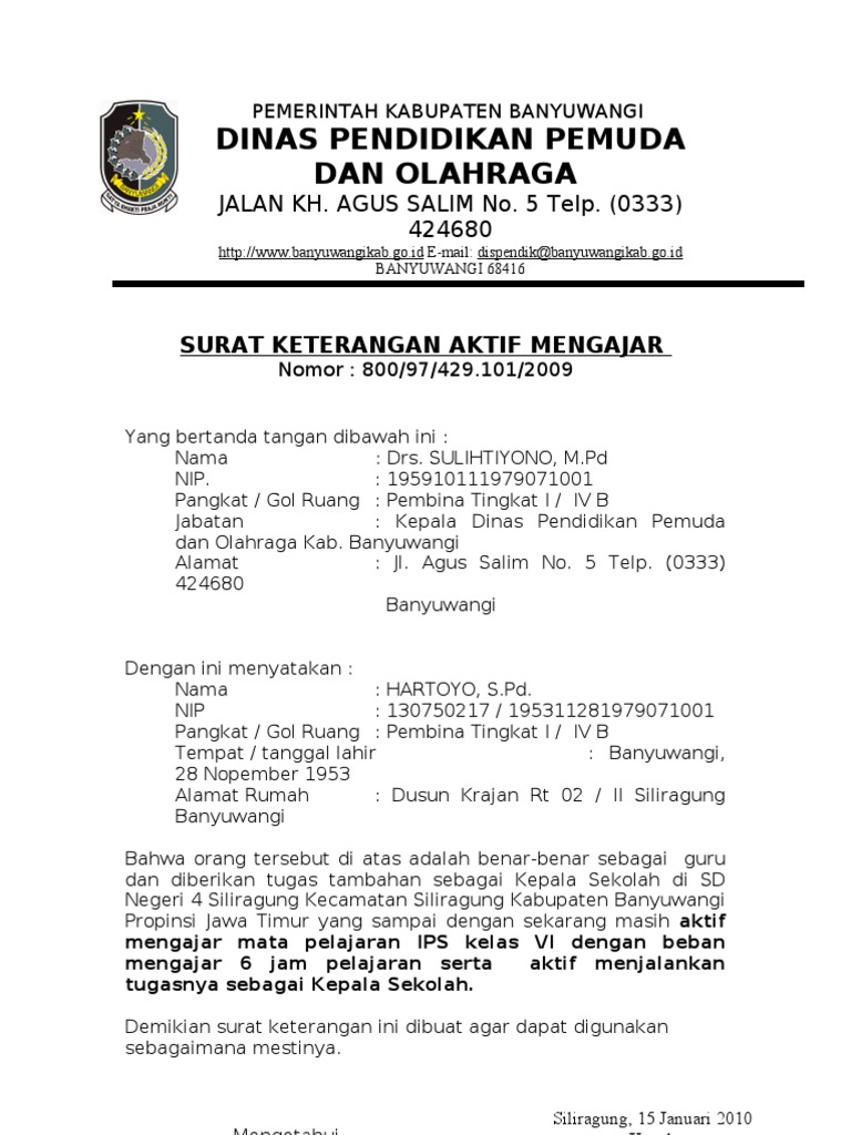 Surat Aktif Mengajar Kepala Sekolah