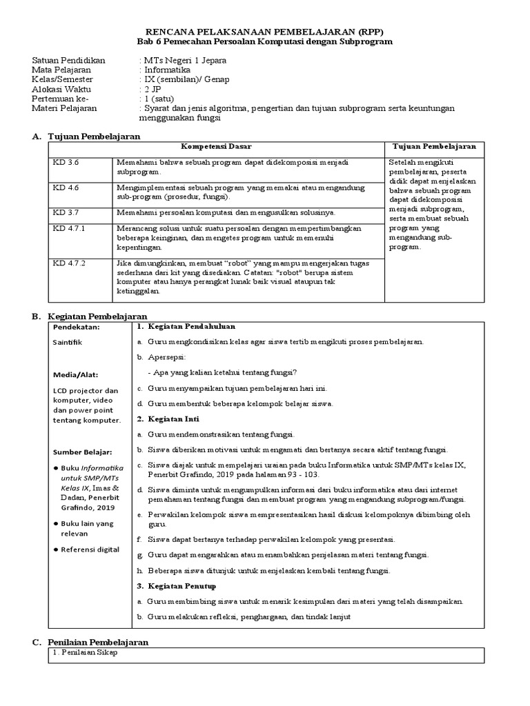 RPP Informatika Kelas 9: Subprogram dan Informasi | PDF