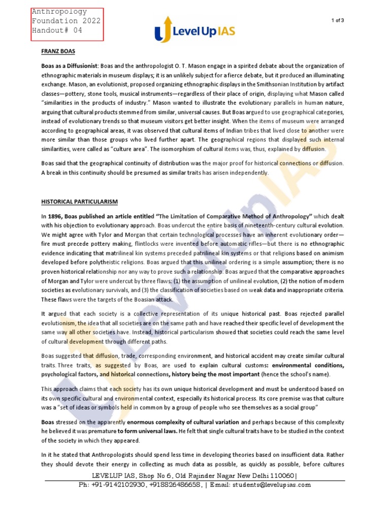 Historical Particularism (Handout 4) NA PDF Franz Boas Anthropology