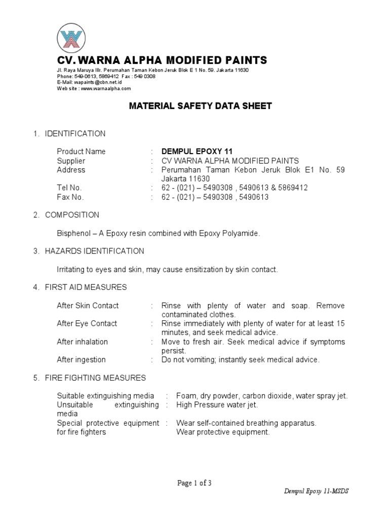 Dempul Epoxy 11MSDS PDF Epoxy Water