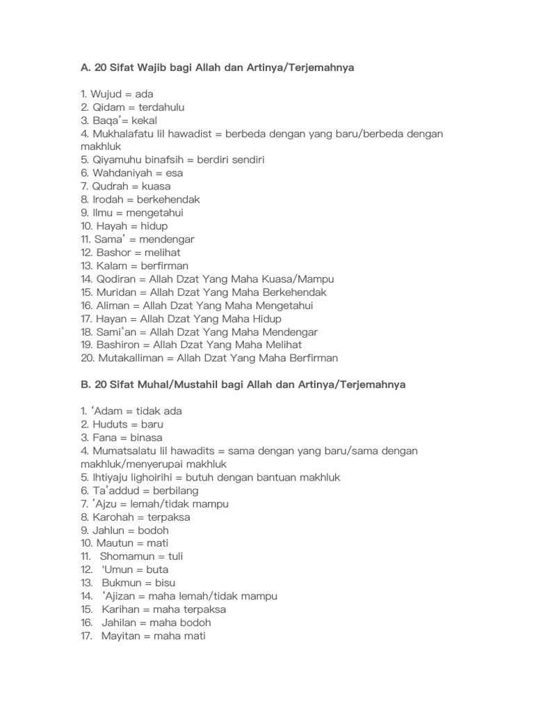 20 Sifat Wajib dan Mustahil Allah | PDF