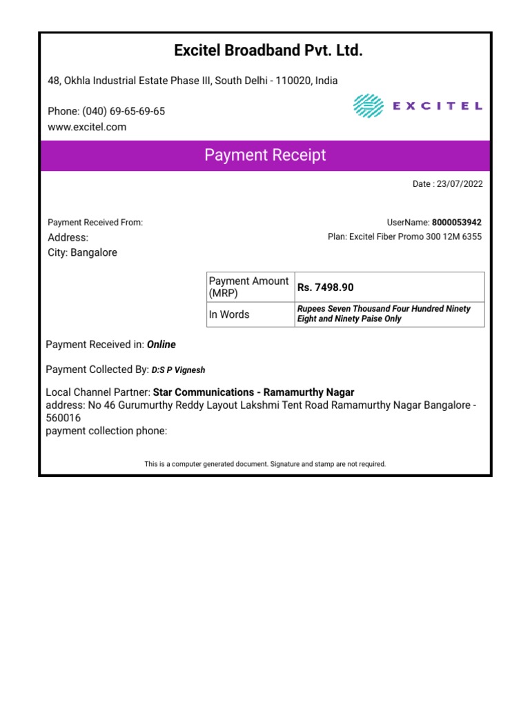 Excitel Broadband Payment Receipt | PDF