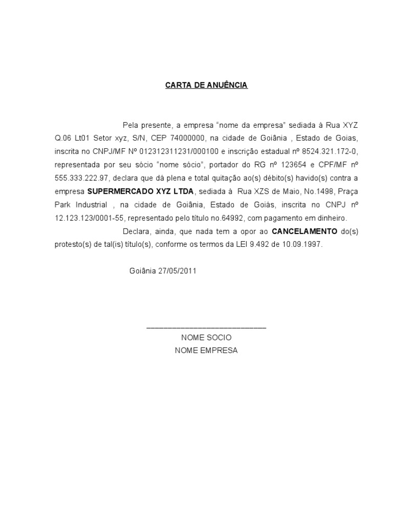 MODELO CARTA DE ANUÊNCIA