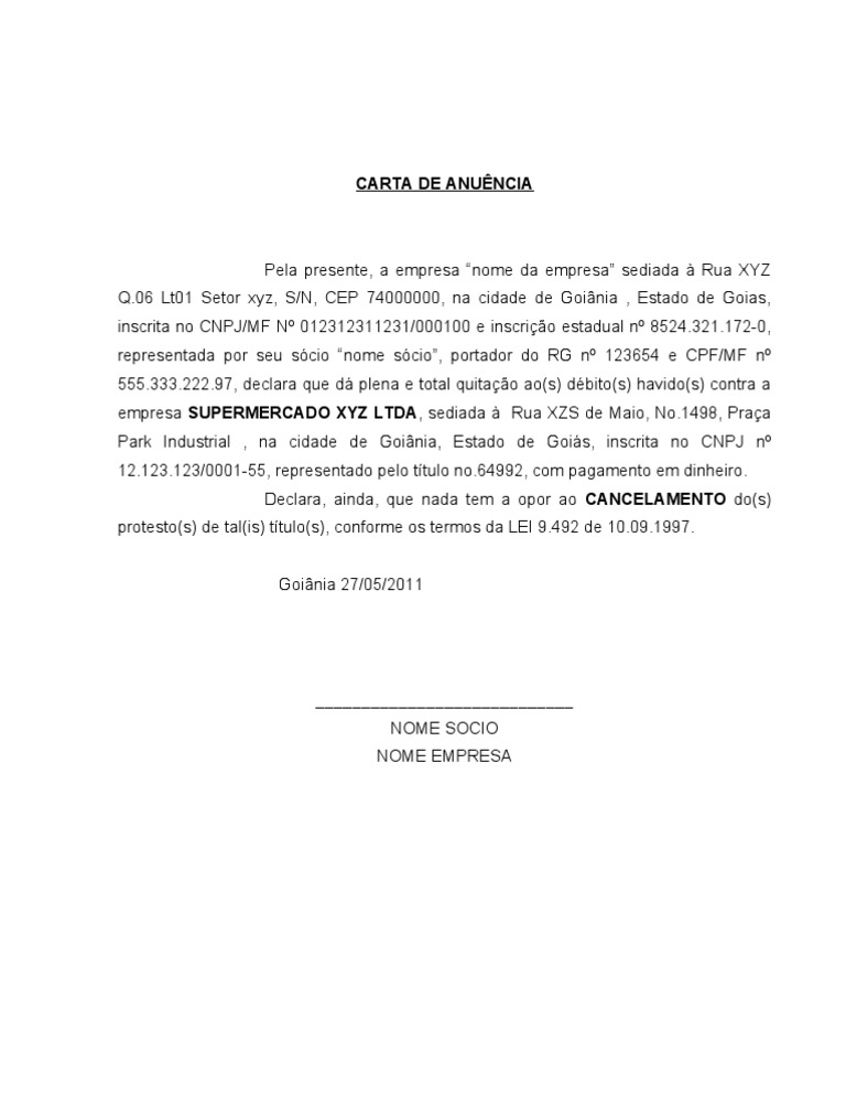 MODELO CARTA DE ANUÊNCIA