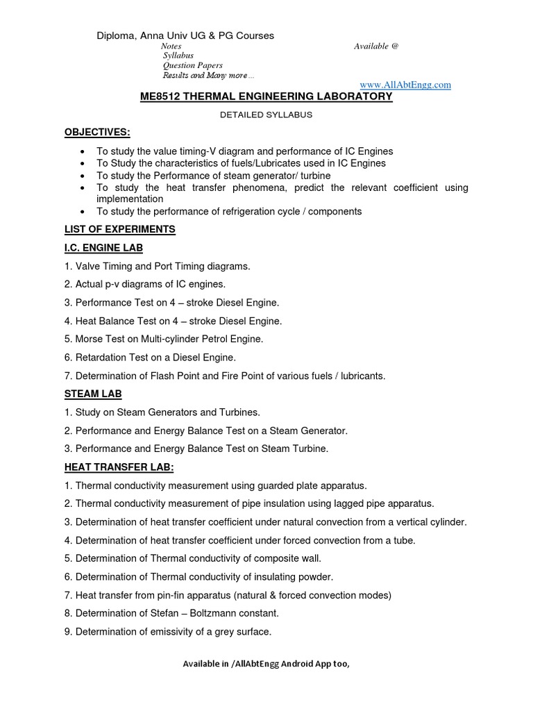 Anna University Thermal Engineering Lab Syllabus | PDF | Internal ...