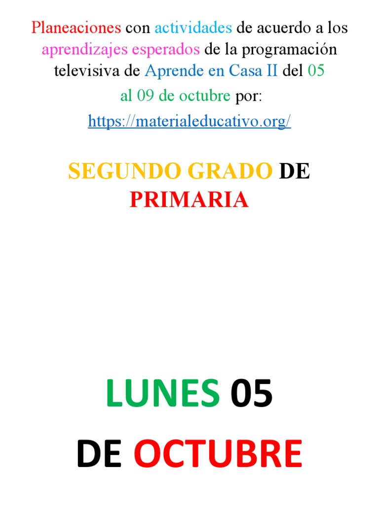 Planeacion 2 Do Grado 05 Al 09 Octubre | PDF | Educación primaria ...