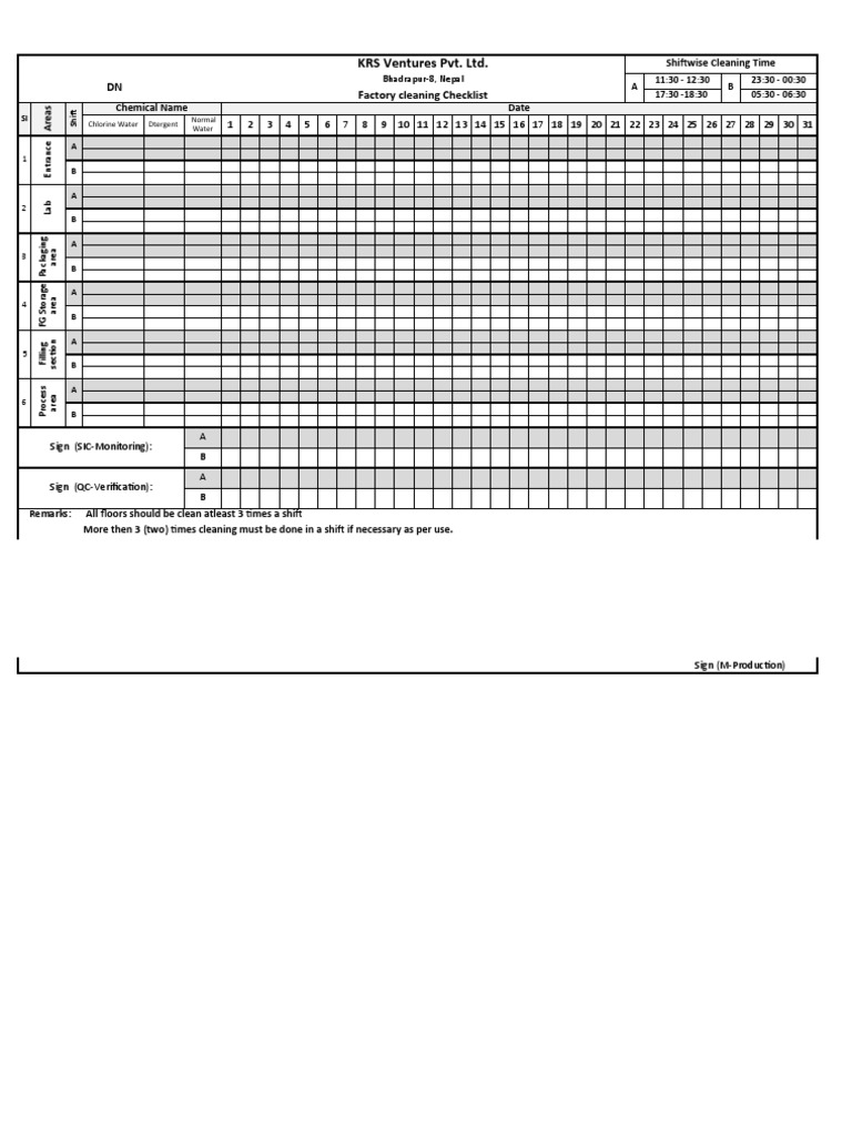 Daily Factory Cleaning Sheet Checklist PDF