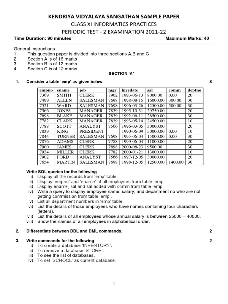 Sample Paper Xi Ip Pt2 PDF Sql Databases