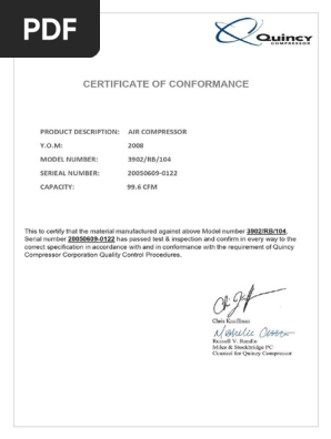 QUINCY CERTIFICATE OF CONFORMANCE