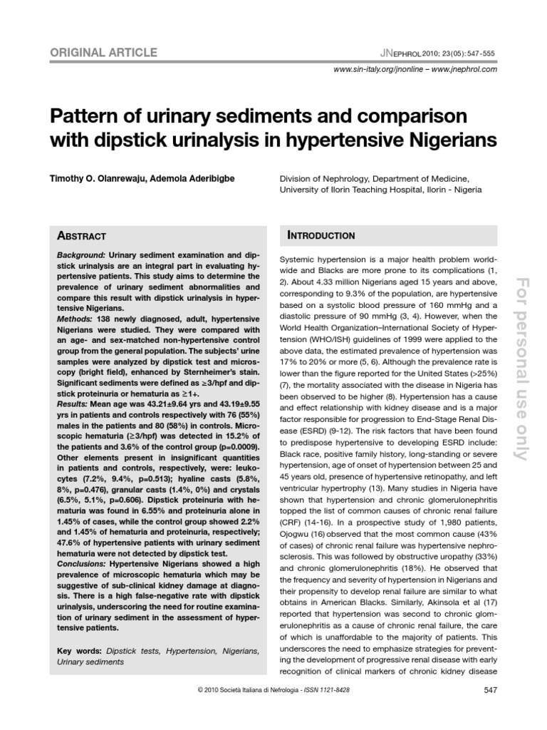 Urine Sediments in Hypertensive Nigerias PDF Hypertension Blood