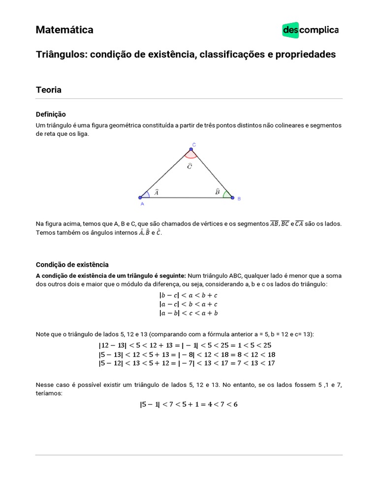 Triângulos Condição de Existência, Classificações e Propriedades | PDF ...