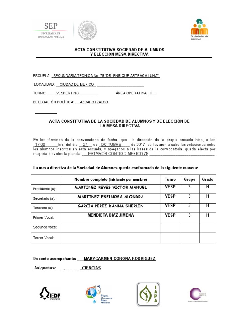 Acta Constitutiva Sociedad de Alumnos 78 | PDF | Ciencias sociales ...