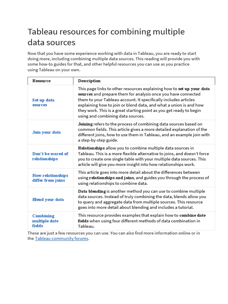 Tableau Resources For Combining Multiple Data Sources PDF Data Cognitive Science