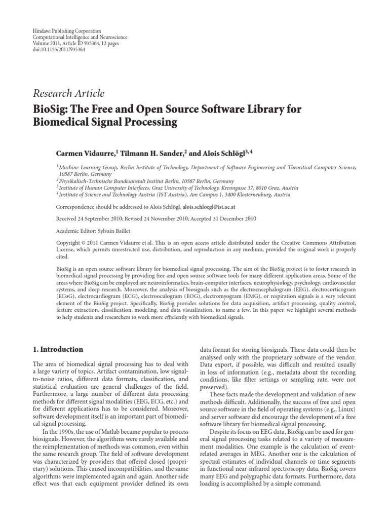 Research Article Biosig The Free and Open Source Software Library For Biomedical Signal
