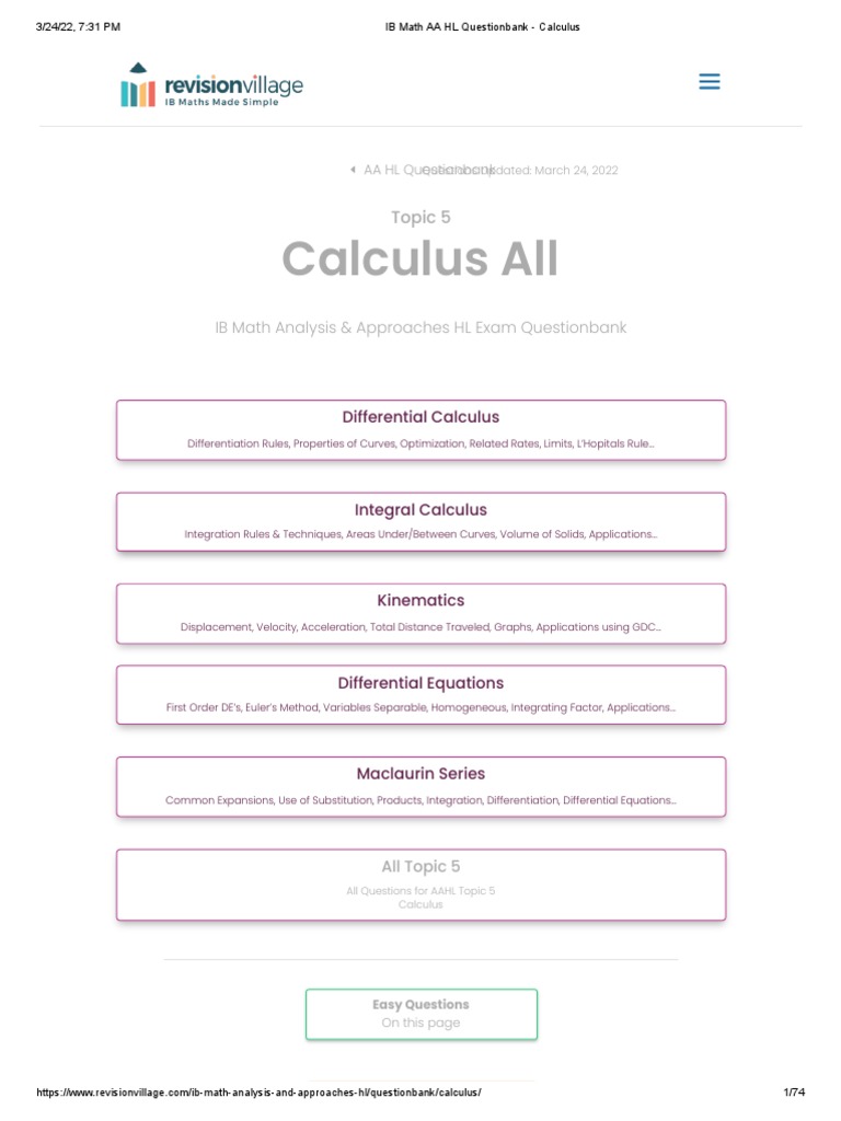AA HL - Questionbank - Calculus - Easy | PDF | Differential