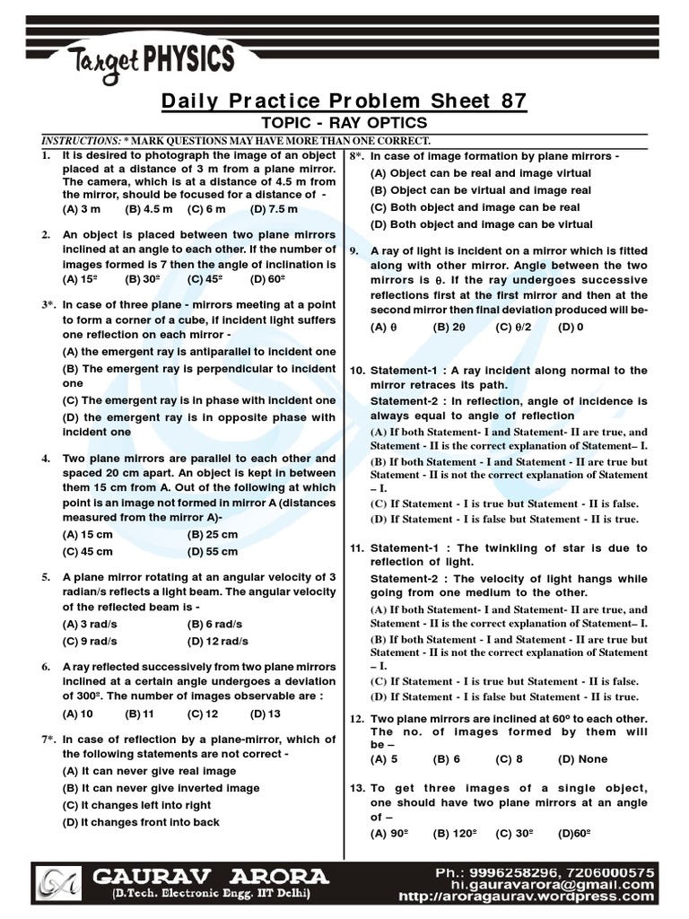 Daily Practice Problem Sheet 87 Topic Ray Optics PDF