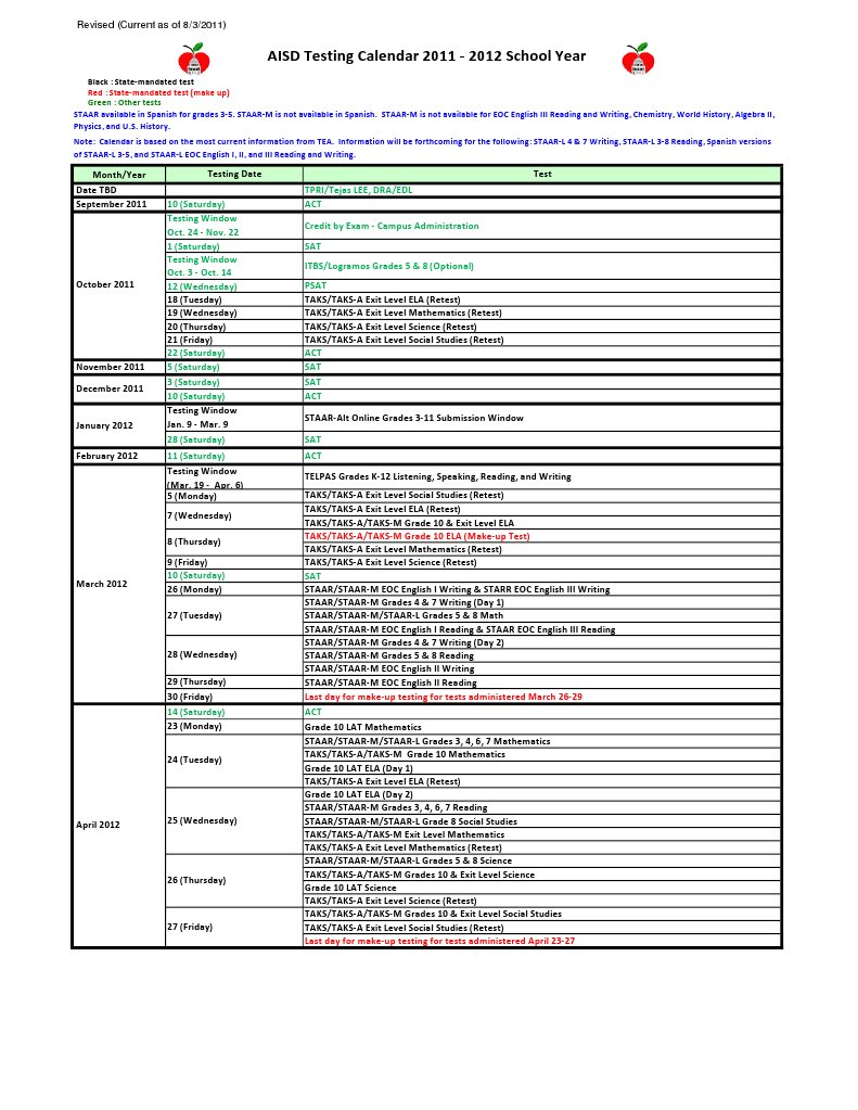 2011-2012 School Testing Calendar | PDF | Schools | Tests