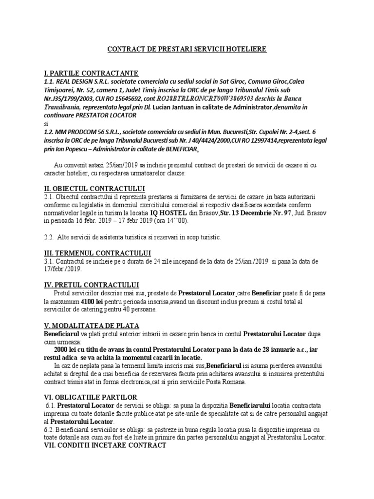 1 Contract de Prestari Servicii de Cazare Si Cu Caracter Hotelier MM | PDF