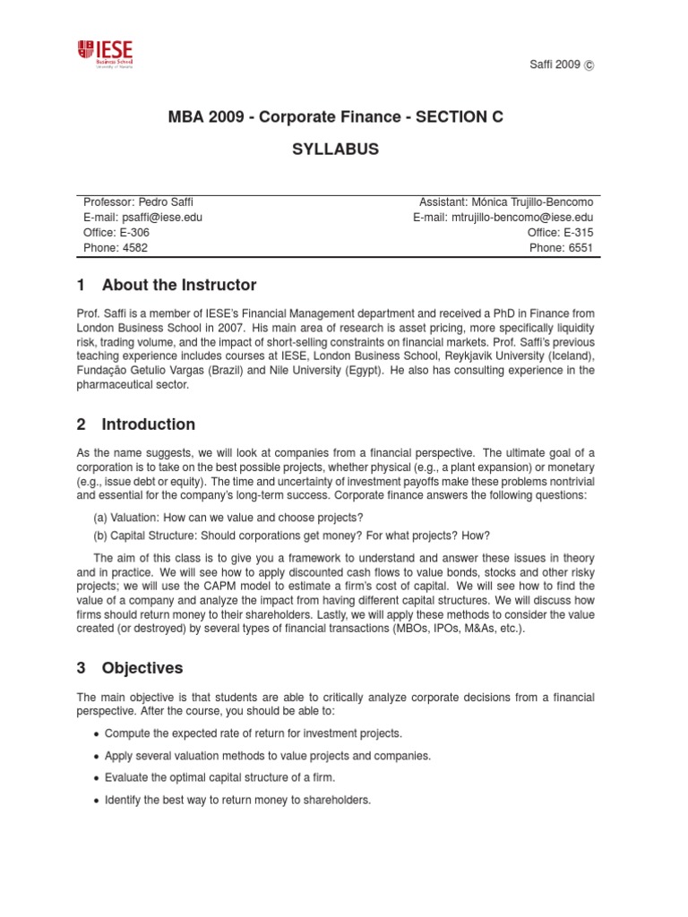 Corporate Finance Course Syllabus | PDF | Cost Of Capital | Capital ...