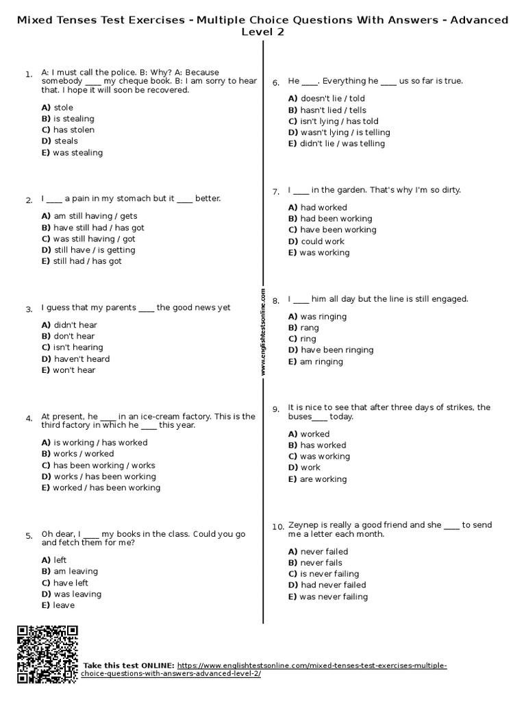 Mixed Tenses MCQ Test with Answers | PDF