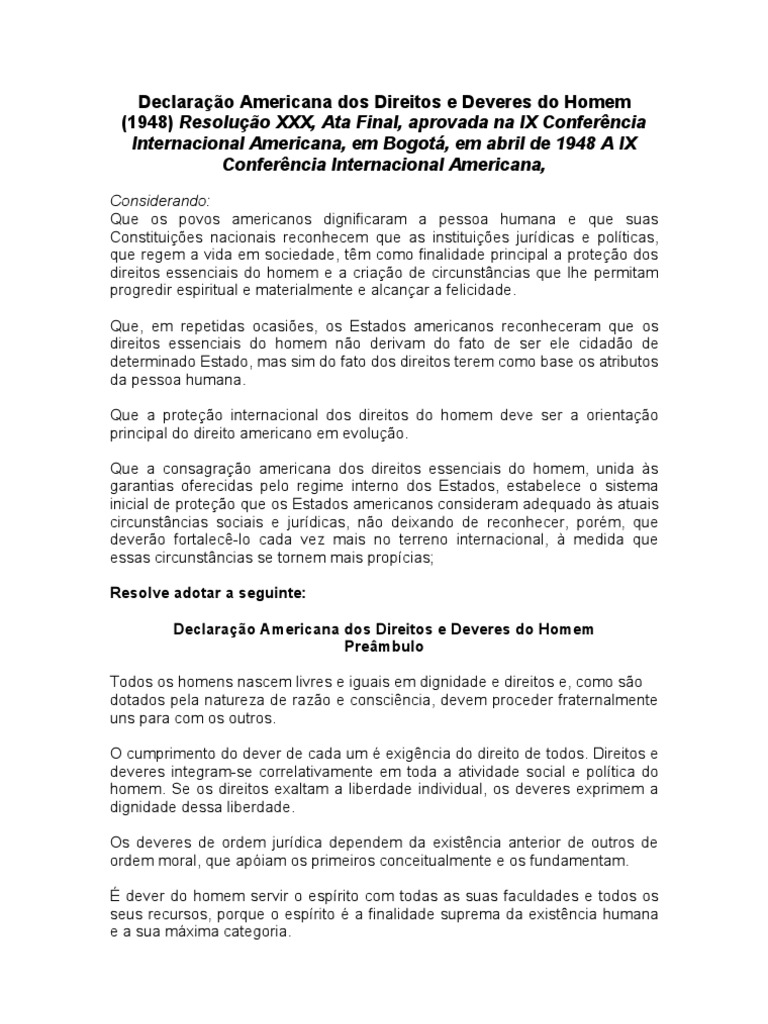 Declaração Americana Dos Direitos e Deveres Do Homem | PDF | Homo ...