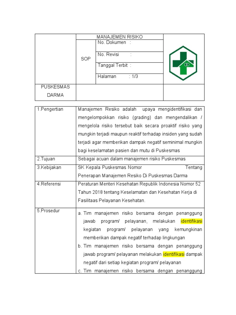SOP Manajemen Risiko | PDF