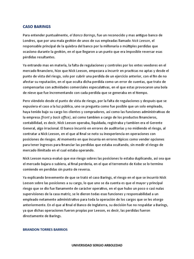 Caso Barings Brandon Torres Barrios PDF Bancos Mercado (economía)