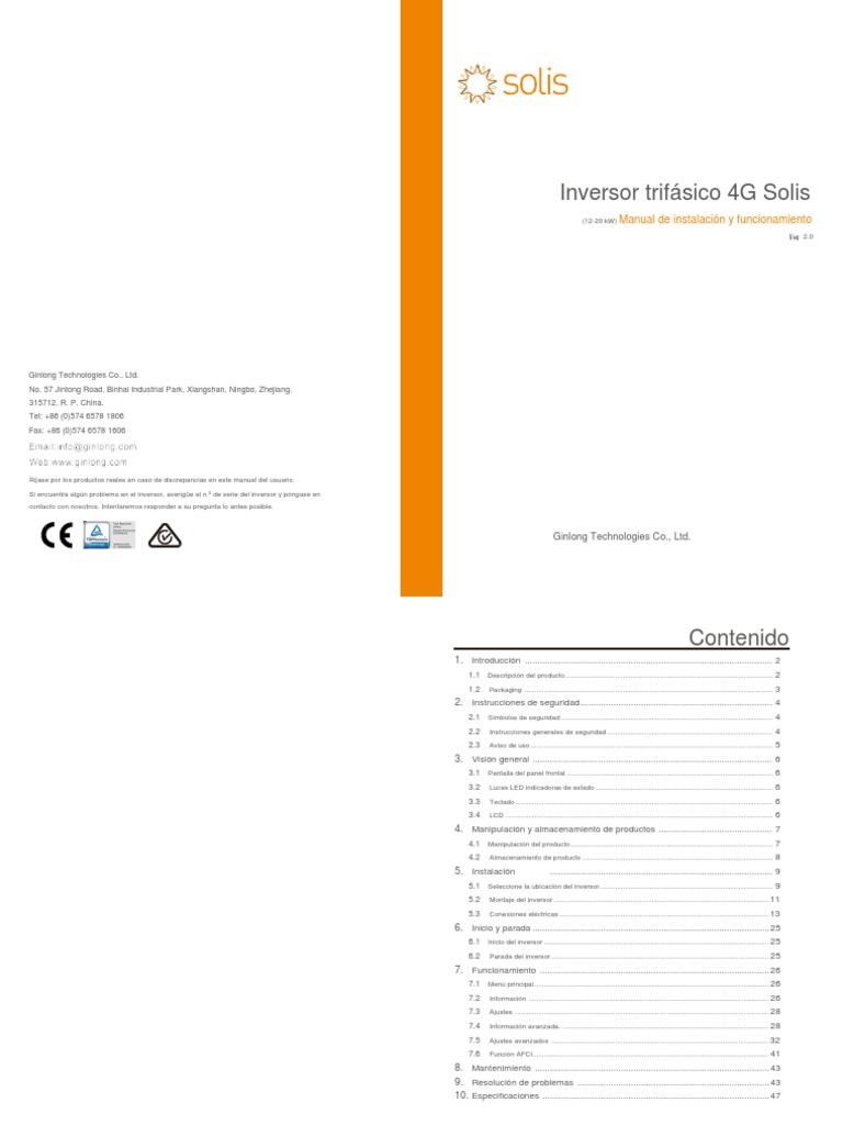 Manual - Solis 3P12 20K 4G - V2 | PDF | Ingenieria Eléctrica | Inversor ...