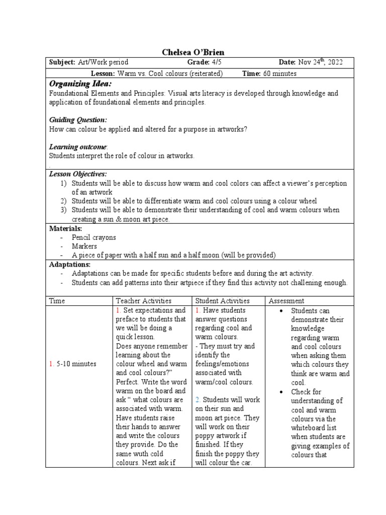 Art Lesson Plan | PDF | Color | Lesson Plan