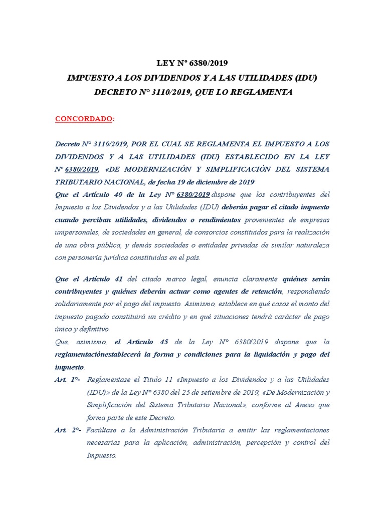 Reglamento del Impuesto a Dividendos (IDU) | PDF | Dividendo | Impuestos