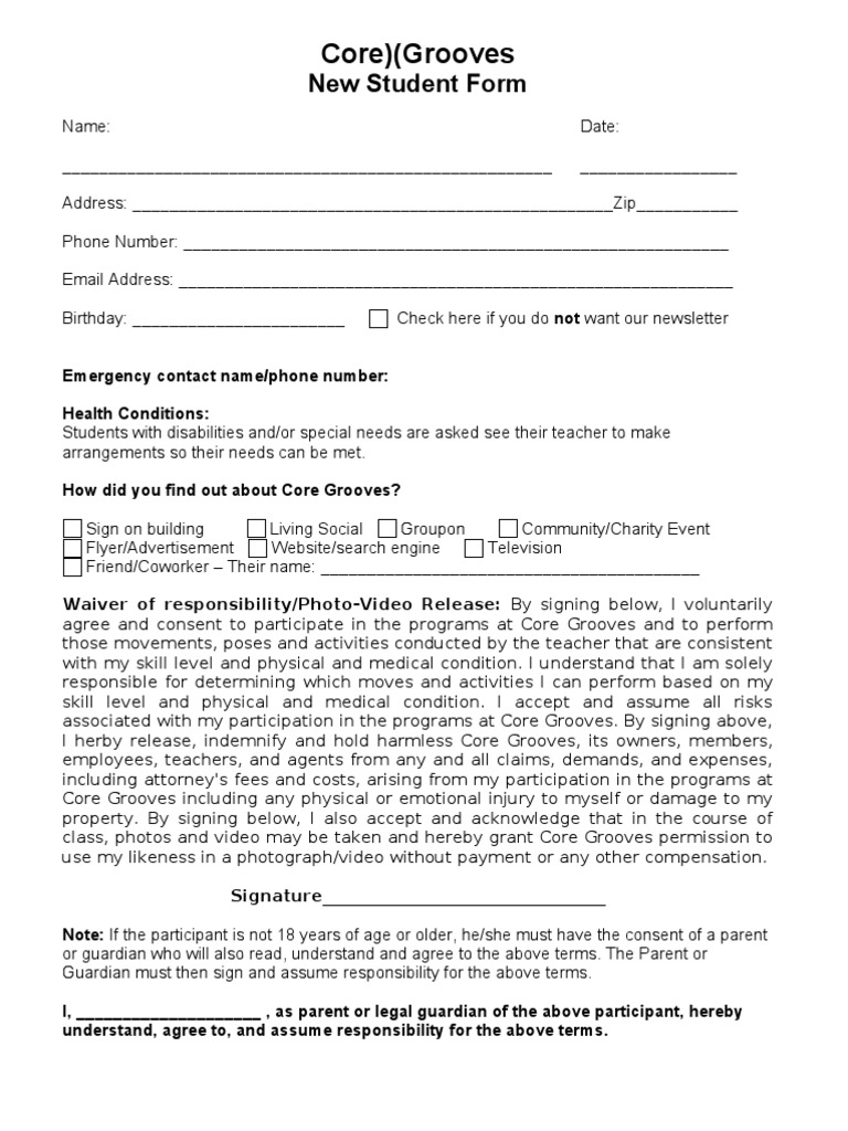 Core Grooves New Student Registration Form | PDF | Career & Growth