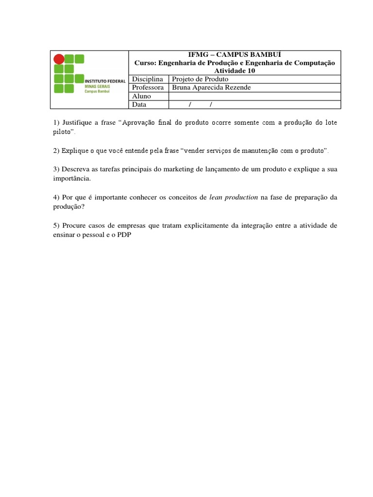 Atividades de Projeto de Produto IFMG | PDF | Carreira e Crescimento ...