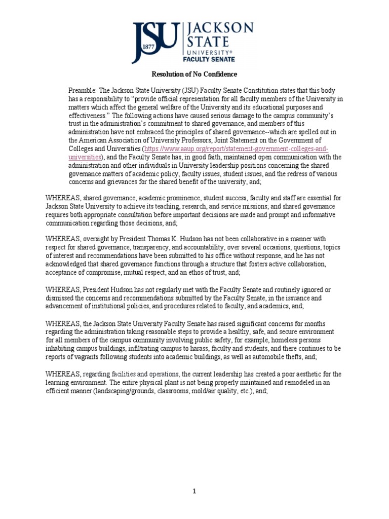 Jackson State President Given Vote of No Confidence by Faculty Senate