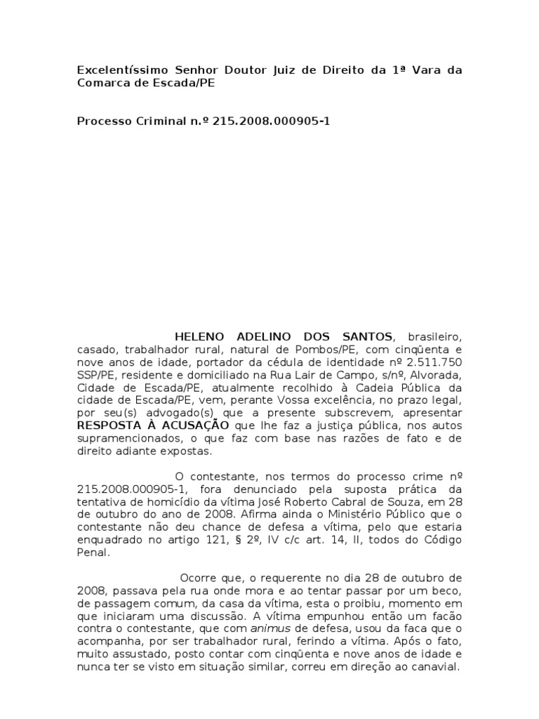 Resposta à acusação | Homicídio | Réu