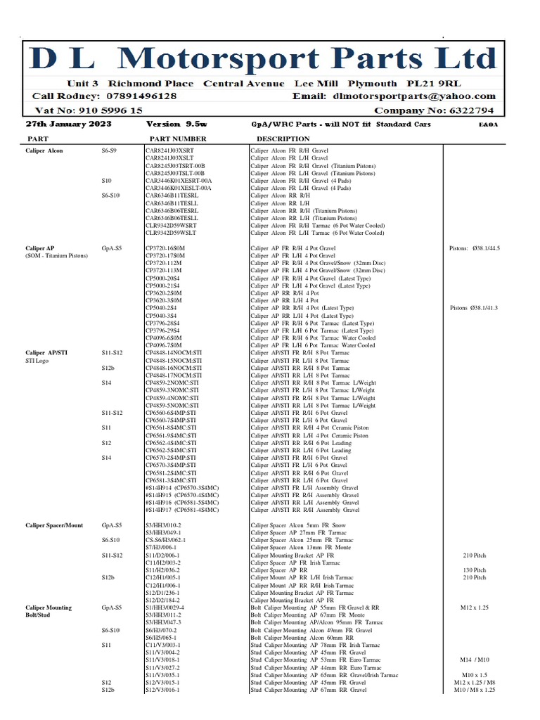 GpA+$26+WRC+Parts++Web+List 1 | PDF | Throttle | Vehicle Technology
