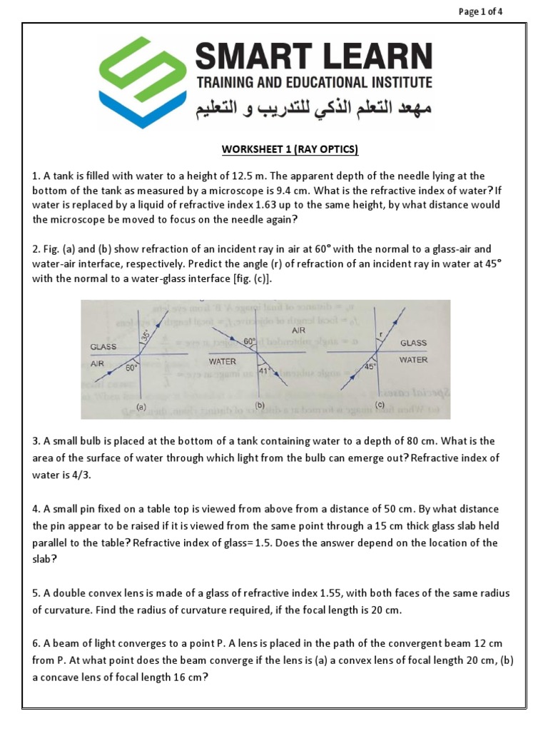 Worksheet1 (Ray Optics) PDF Refractive Index Refraction