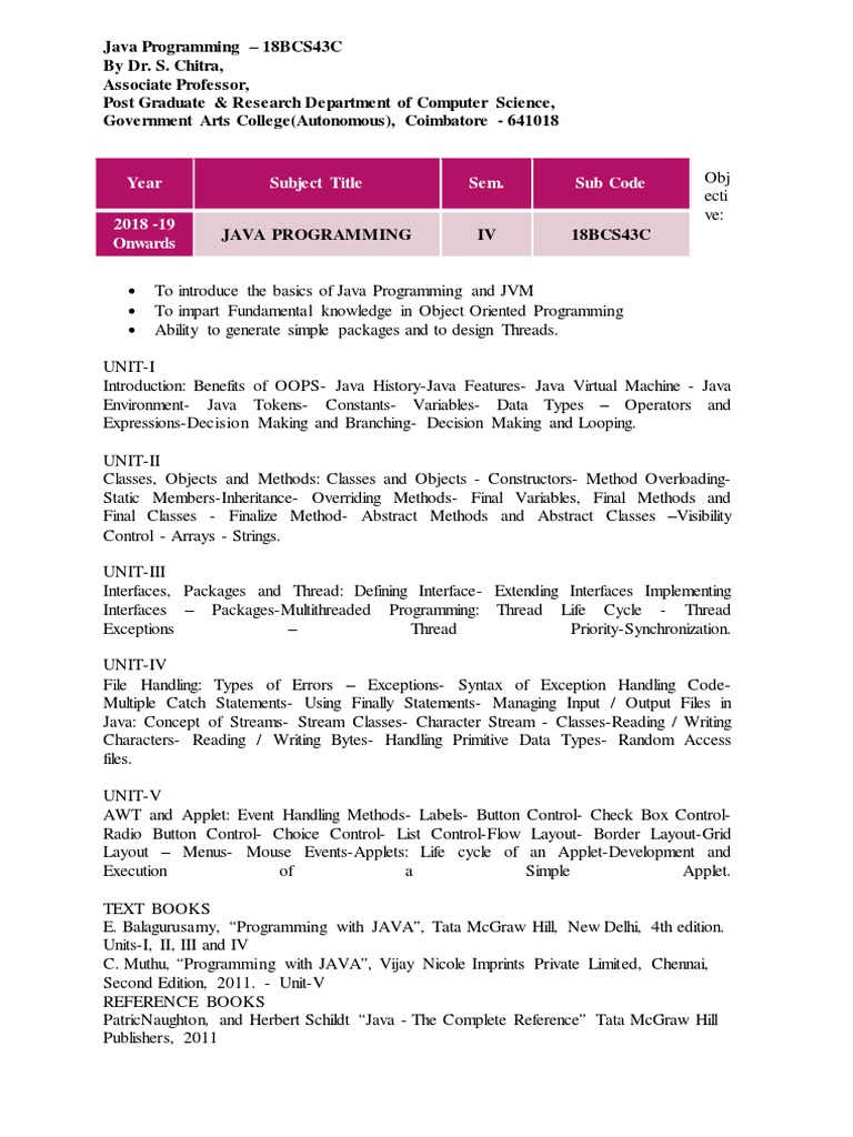 18BCS43C U1 | PDF | Java (Programming Language) | Class (Computer ...