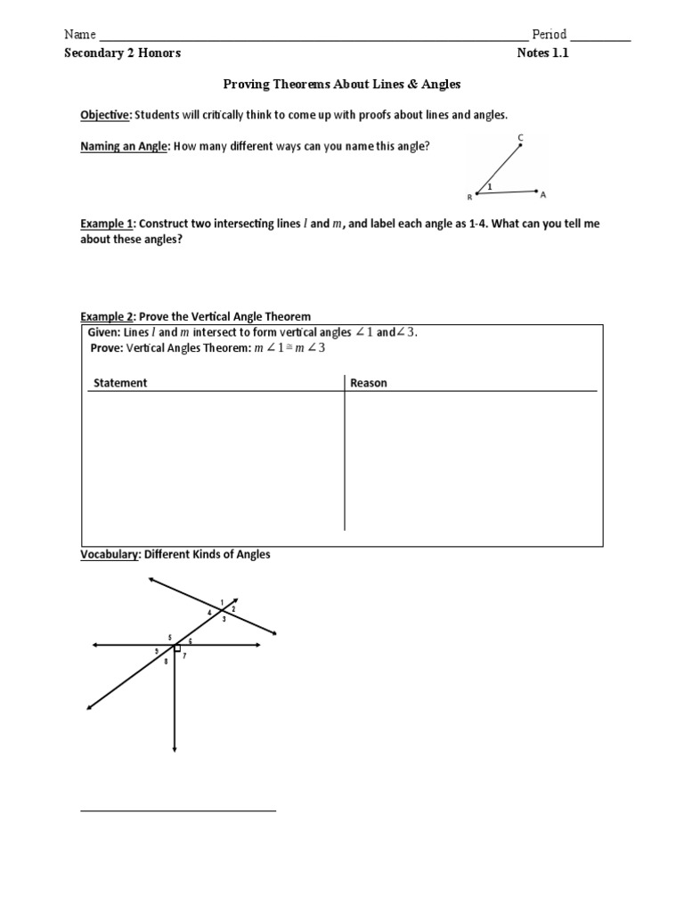 Proving Theorems Regarding Lines, Angles, and Parallel Lines Using