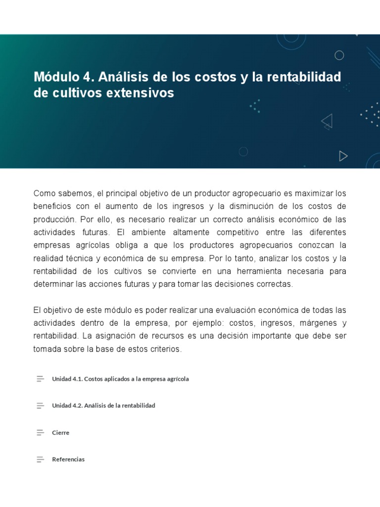Módulo 4. Análisis de Los Costos y La Rentabilidad de Cultivos ...